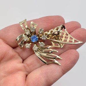 Rhinestone Brooch, Mid-Century Modern, 1950s, 50s, Blue, Clear,Glass Rhinestones